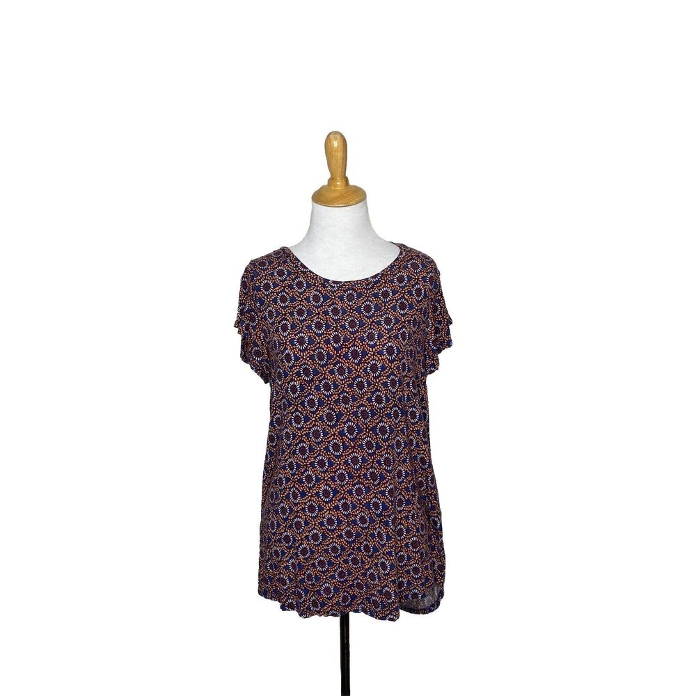 Dalia Blue Orange Floral Sunflower Round Neck Tee Shirt Blouse Womens Medium